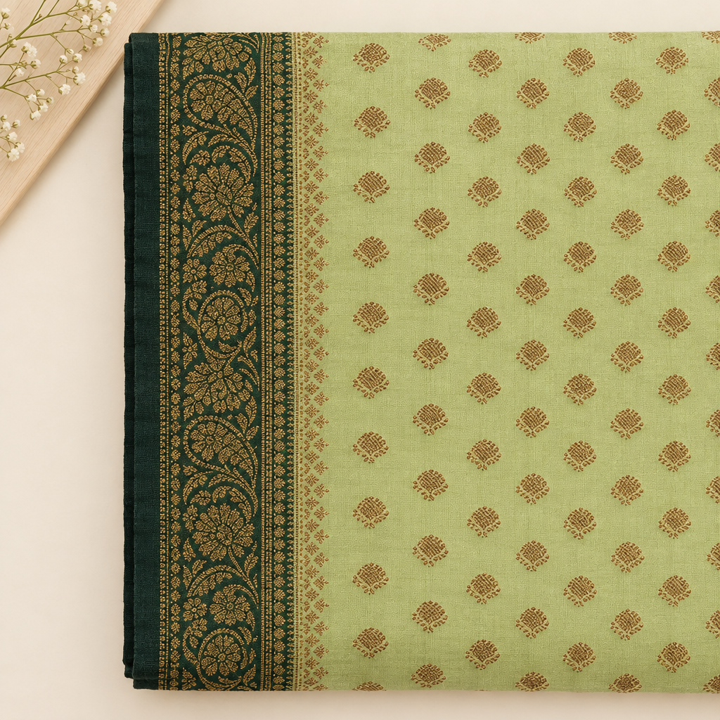 Close-up of ornate dark green border on saree