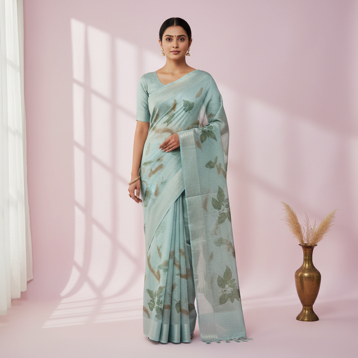Pastel blue Kota cotton saree draped on a model