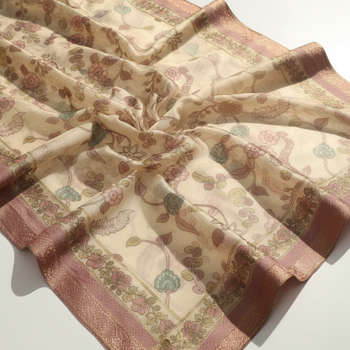 Close-up of vintage floral print dupatta with golden embroidered borders