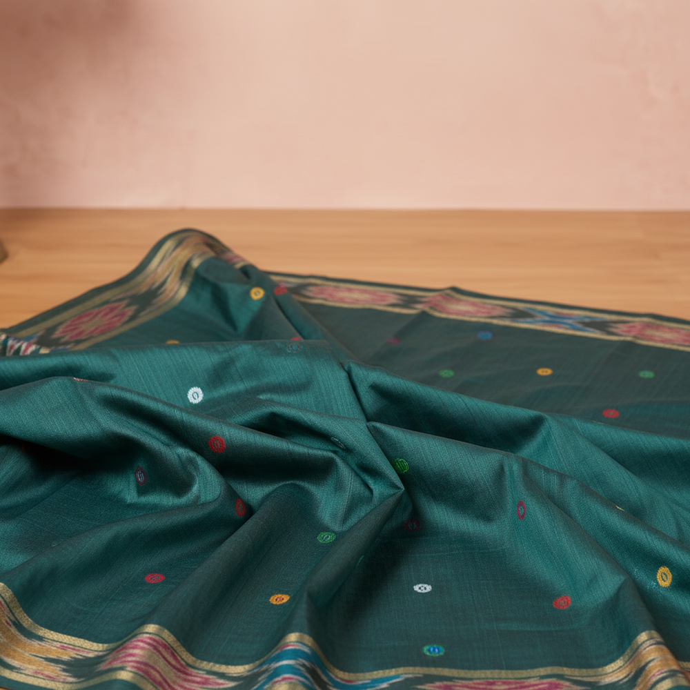 Close-up of the teal-green Tussar silk saree body showing its scattered multicolour motifs and subtle sheen