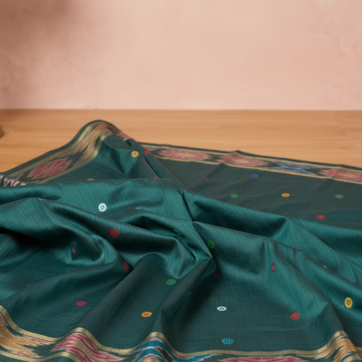 Close-up of the teal-green Tussar silk saree body showing its scattered multicolour motifs and subtle sheen