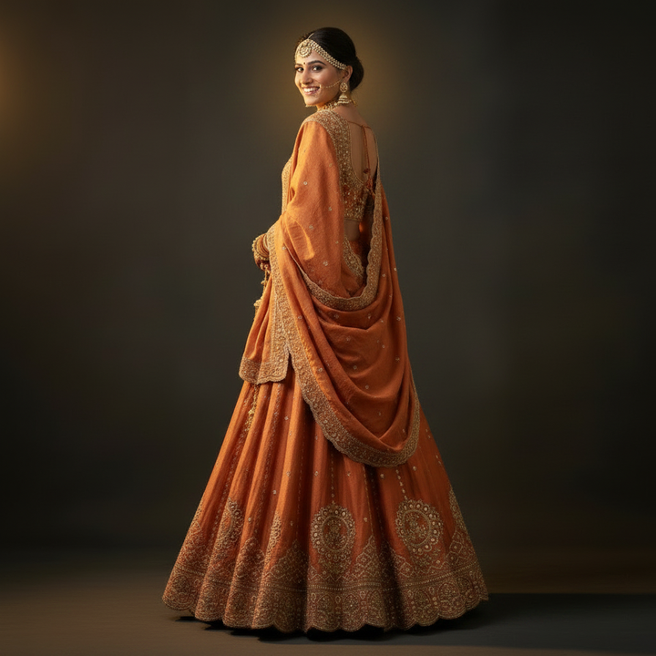 Back view - Rust Orange Bridal Lehenga
