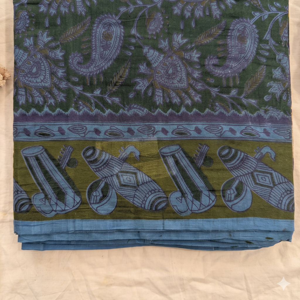 Close-up of blue musical-instrument motifs on olive-green saree border