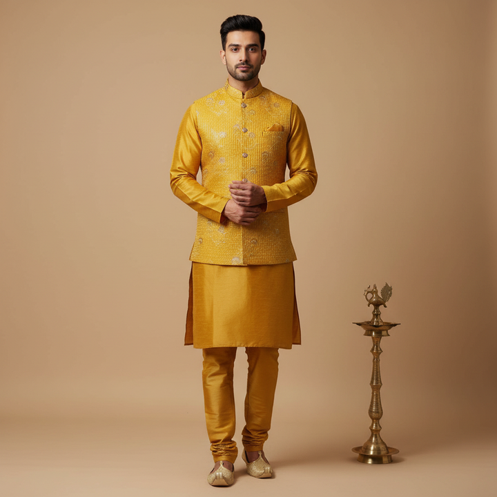 Indian male model wearing vibrant yellow embroidered Indo-Western sherwani