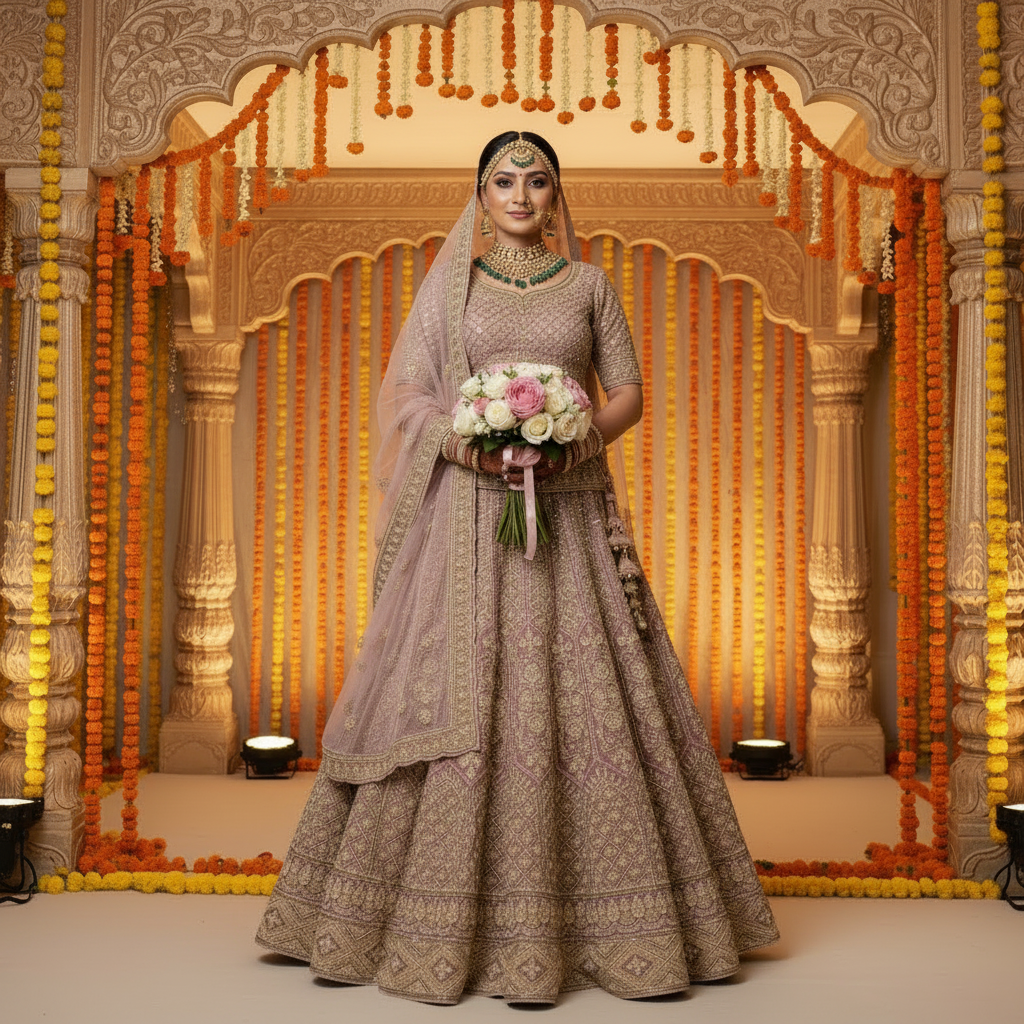 Dusty rose bridal lehenga - front view, wedding mandap