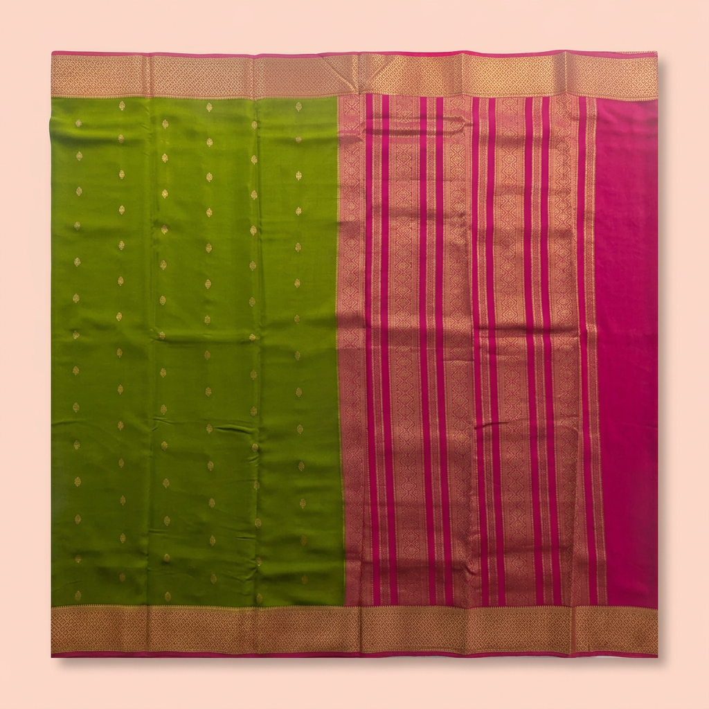 Upstraight overhead view of a green and pink pure Mysore crepe silk saree with gold butta motifs, magenta zari bands and gold border
