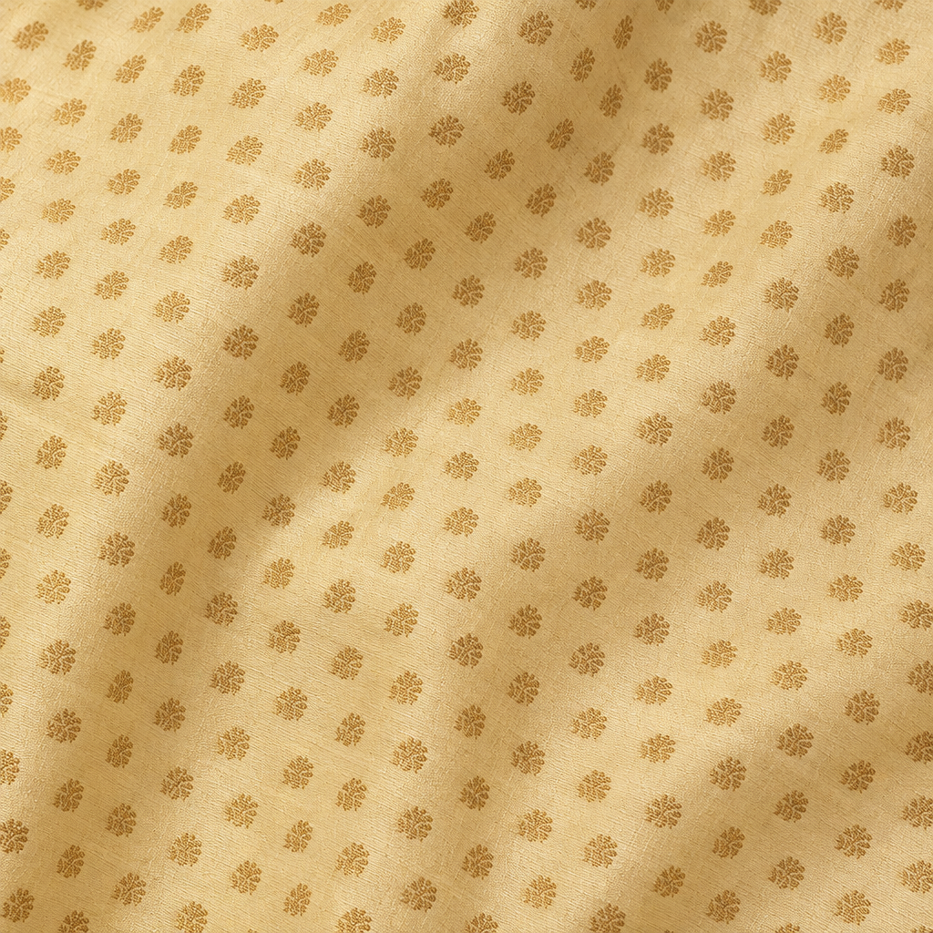 Close-up of the yellow pure Tussar silk saree body with gold dot motifs