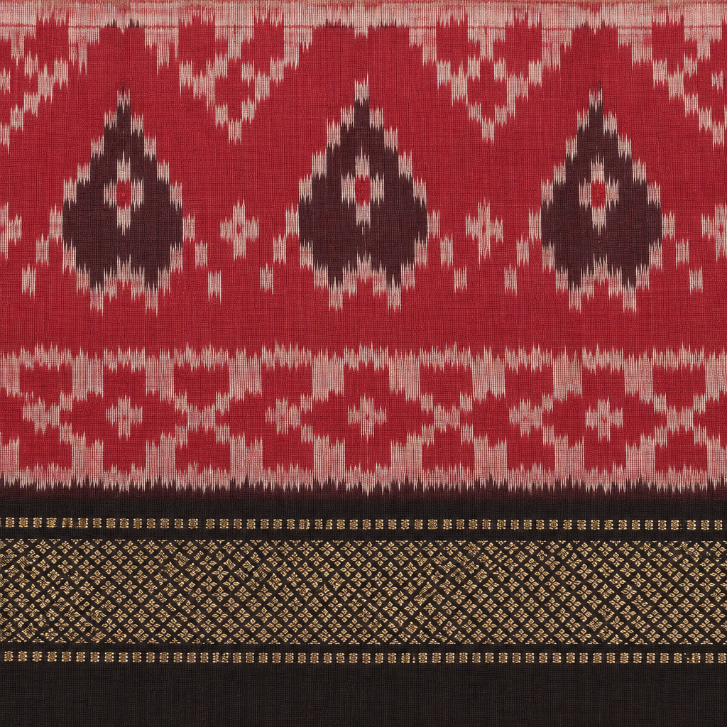 Close-up of red ikat paisley border and black gold zari edge on Pochampally silk saree