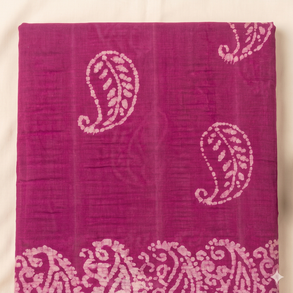 Pale pink paisley motifs on magenta-pink cotton dance saree, body close-up