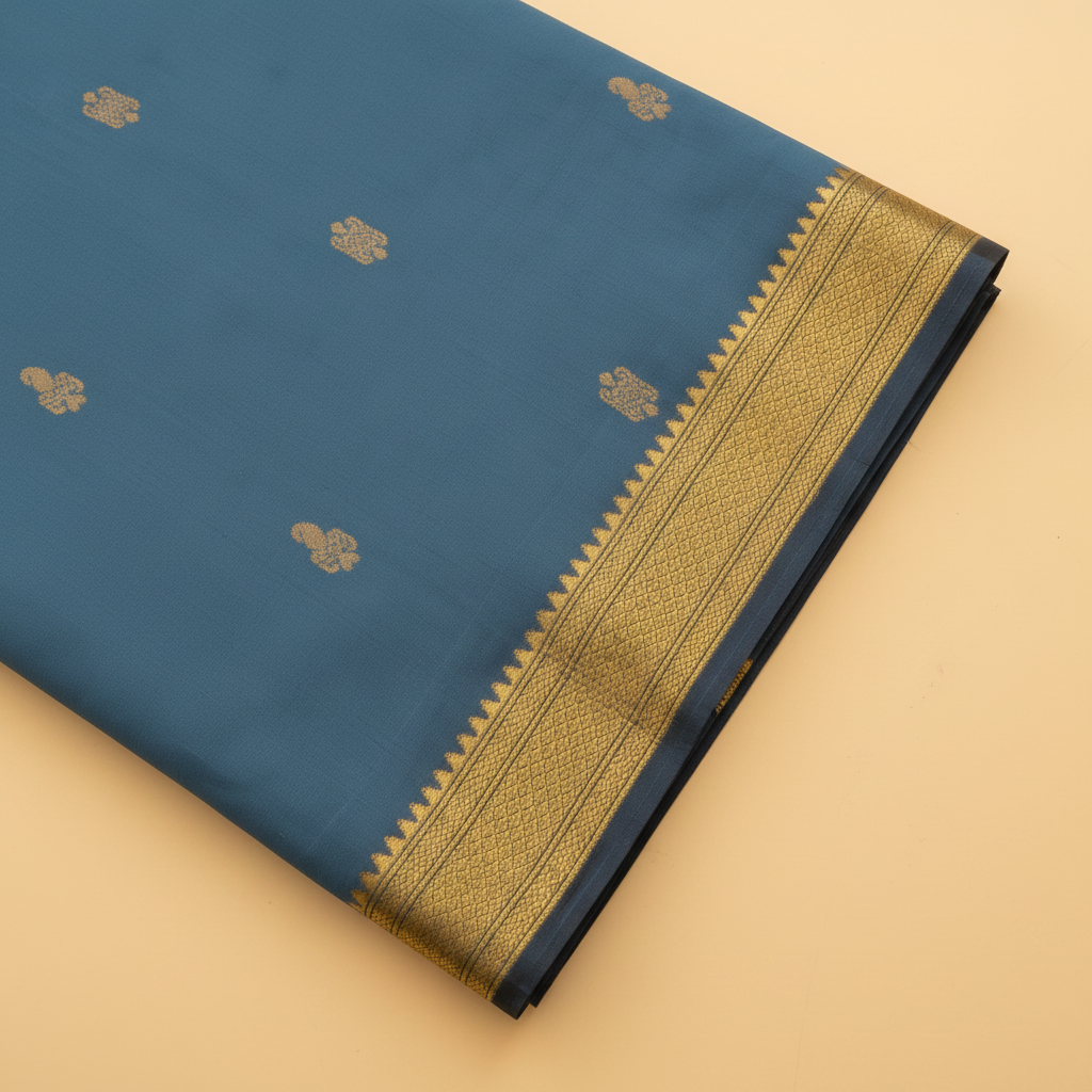 Broad gold zari border on a blue 9-yard pure silk saree close-up