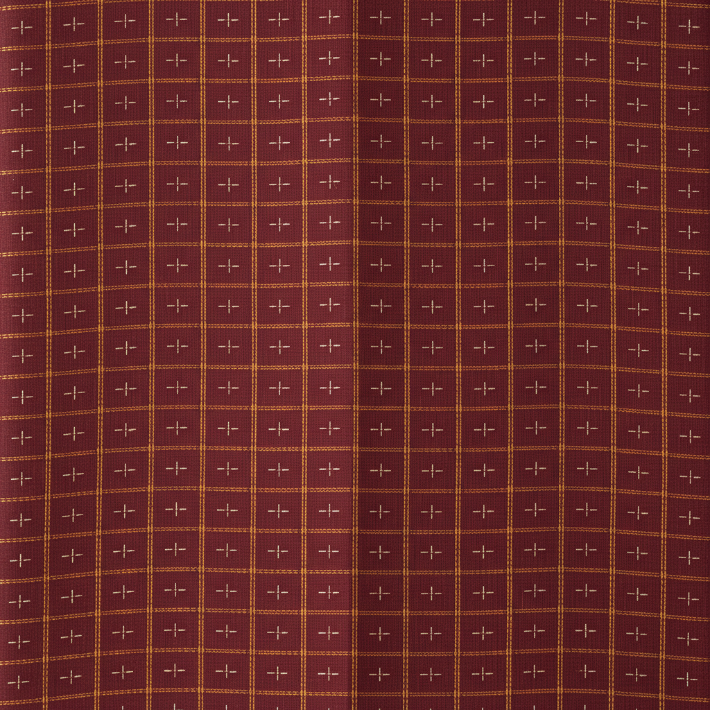 Close-up of the maroon and burgundy cotton saree with a fine mustard-gold and orange checked weave and small light woven cross motifs