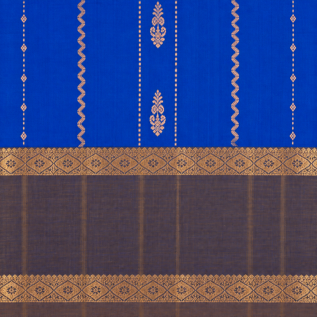 Close-up of blue and slate grey pure silk saree with gold diamond-pattern borders