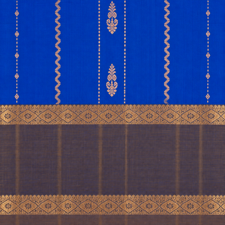 Close-up of blue and slate grey pure silk saree with gold diamond-pattern borders