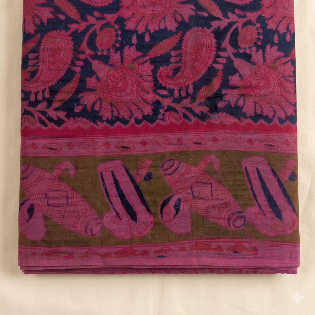 Close-up of pink musical-instrument motifs on olive-brown saree border