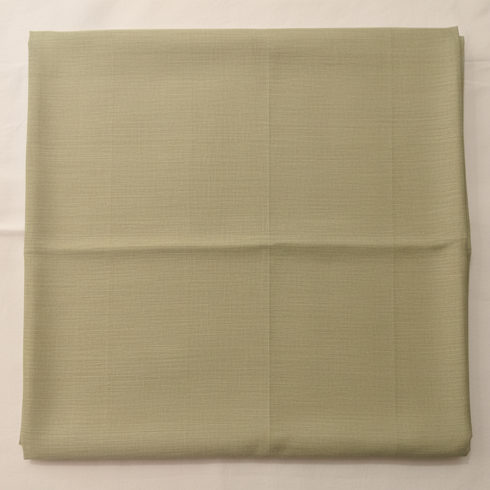 Close-up of the pale pista-green and light olive-grey cotton saree showing its subtle woven texture