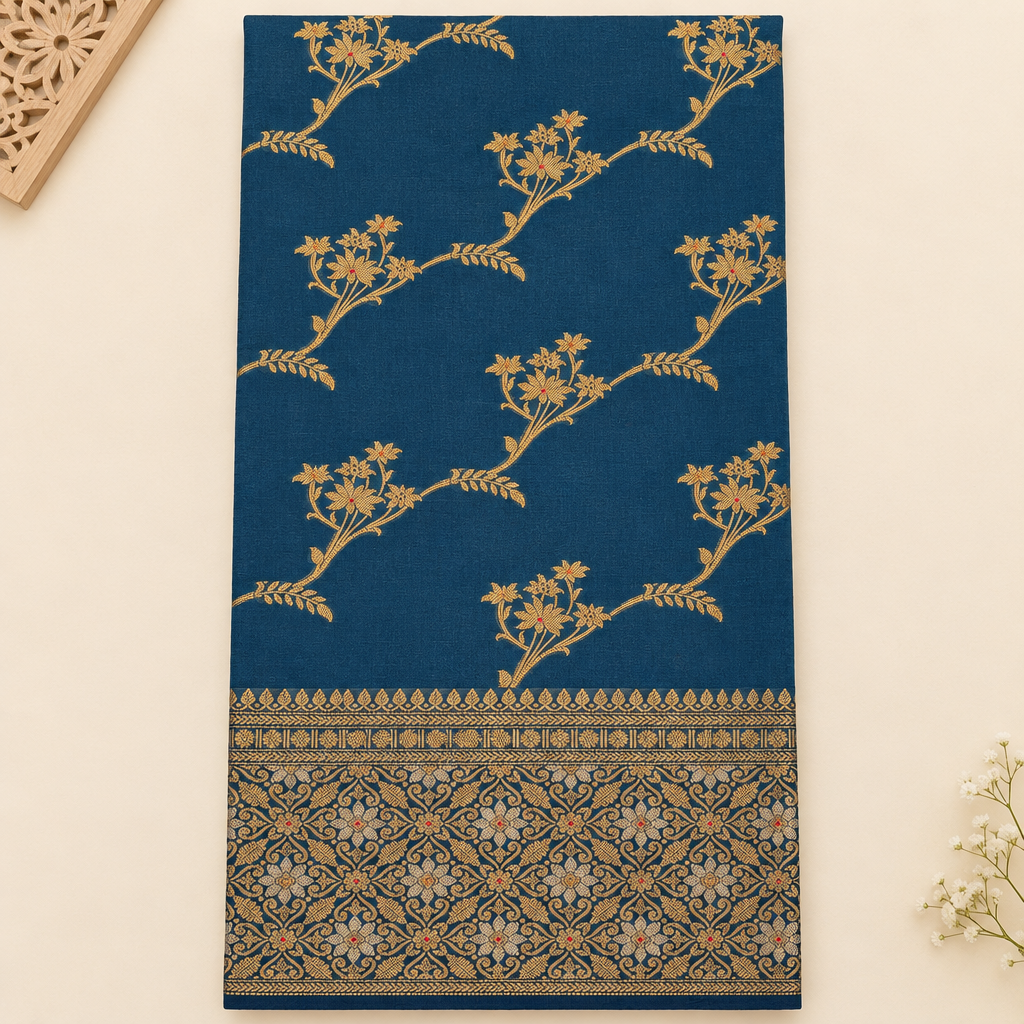 Close-up of gold floral vines on navy blue Tussar silk saree