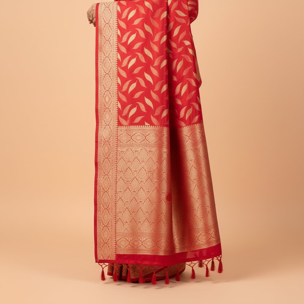 Red semi tussar brocade silk saree antique-gold pallu close-up