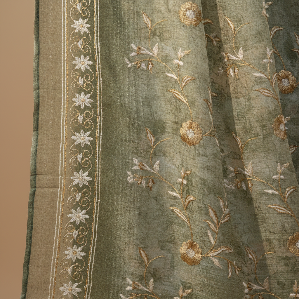 Close-up of floral embroidered dupatta border
