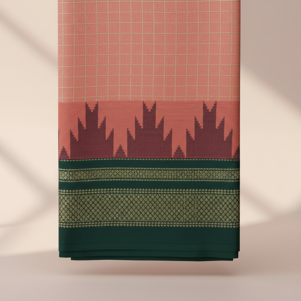 Close-up of the peach-coral saree with its dark maroon-purple jagged motif band and deep green border with intricate gold-green woven detailing