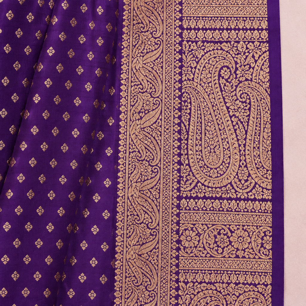 Close-up of the gold-toned patterned border and pallu beside the purple saree body