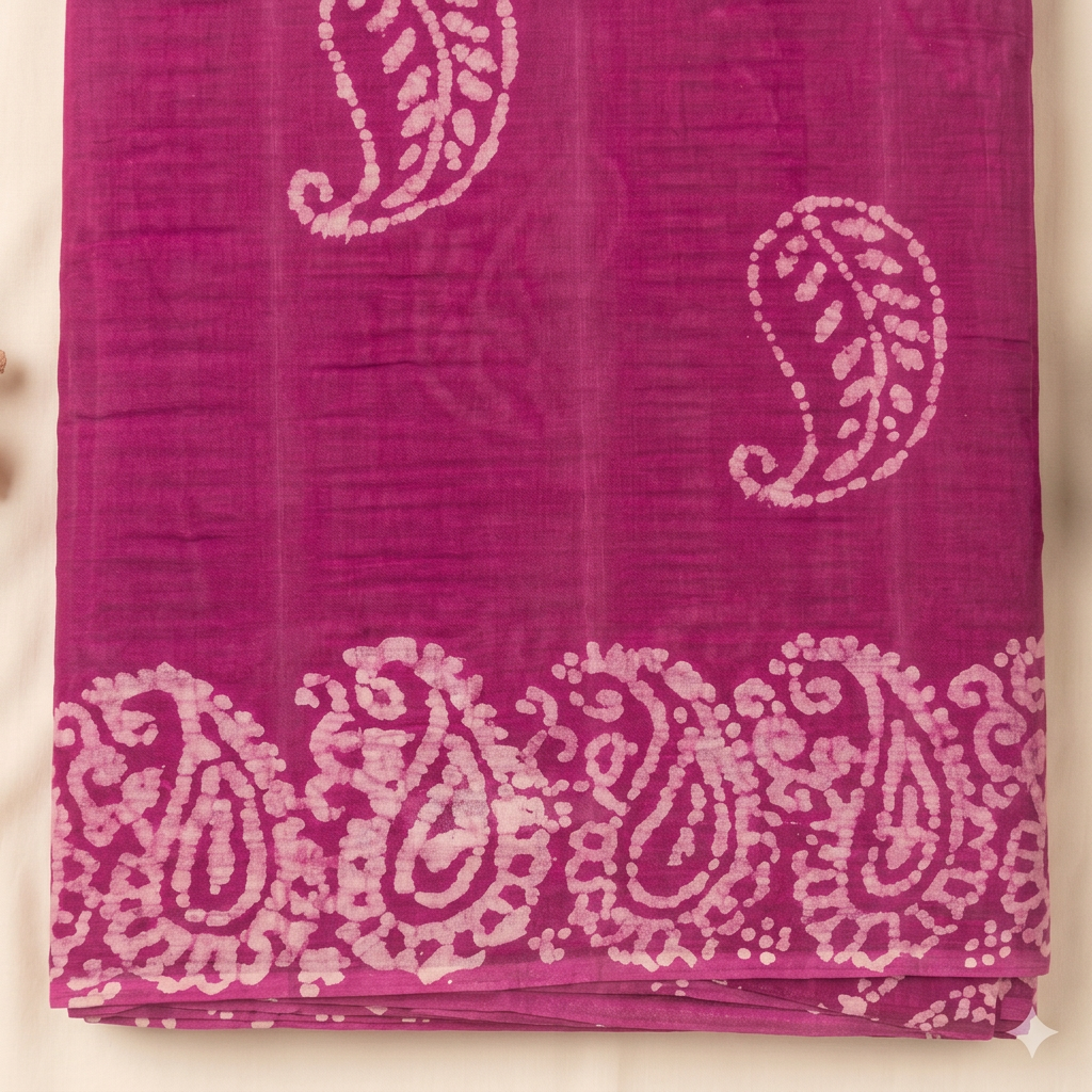 Pale pink paisley and floral border on pink cotton dance saree, close-up