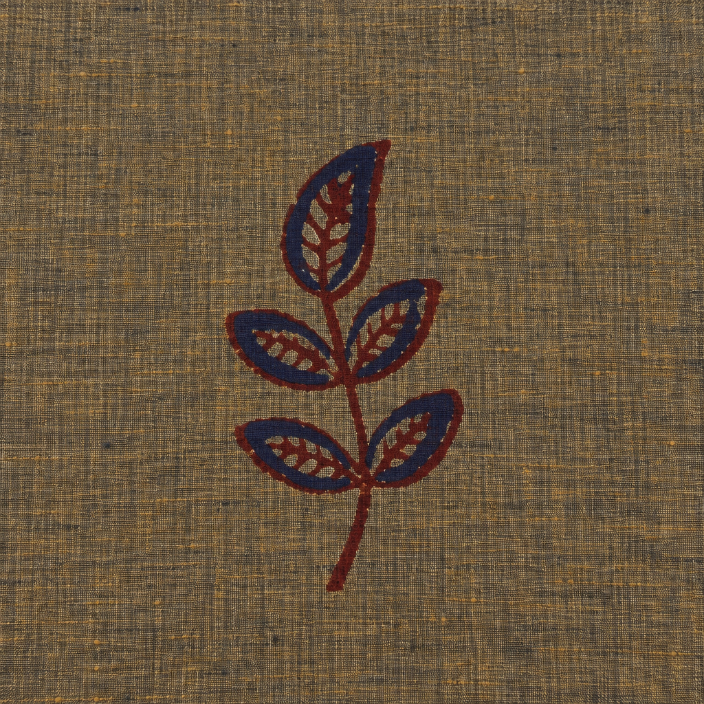Close-up of navy leaf sprig buta on olive grey cotton saree body