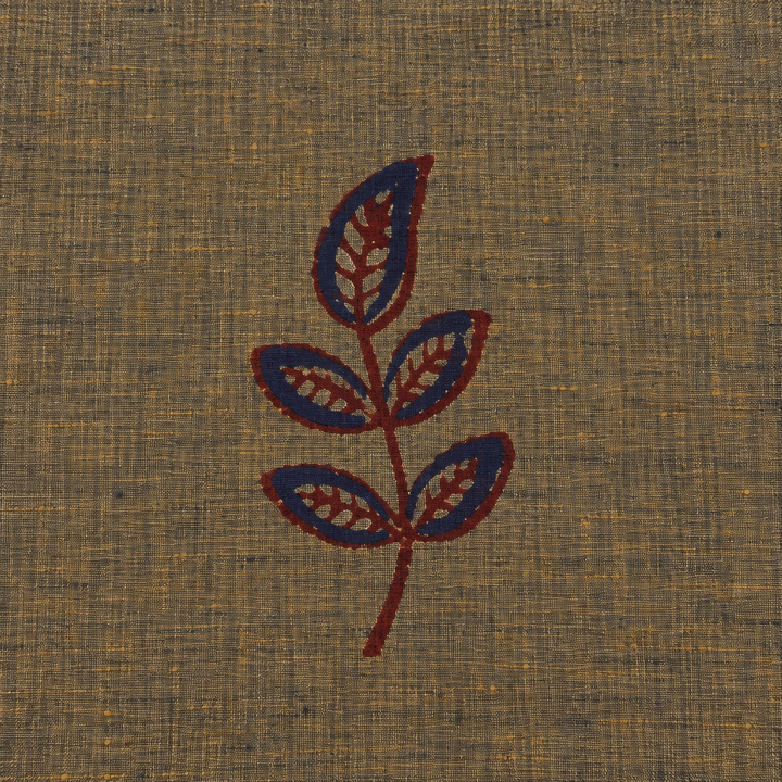 Close-up of navy leaf sprig buta on olive grey cotton saree body