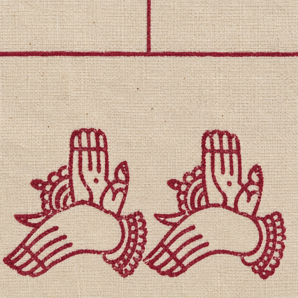 Close-up of maroon hand-mudra print border on cream cotton dance saree