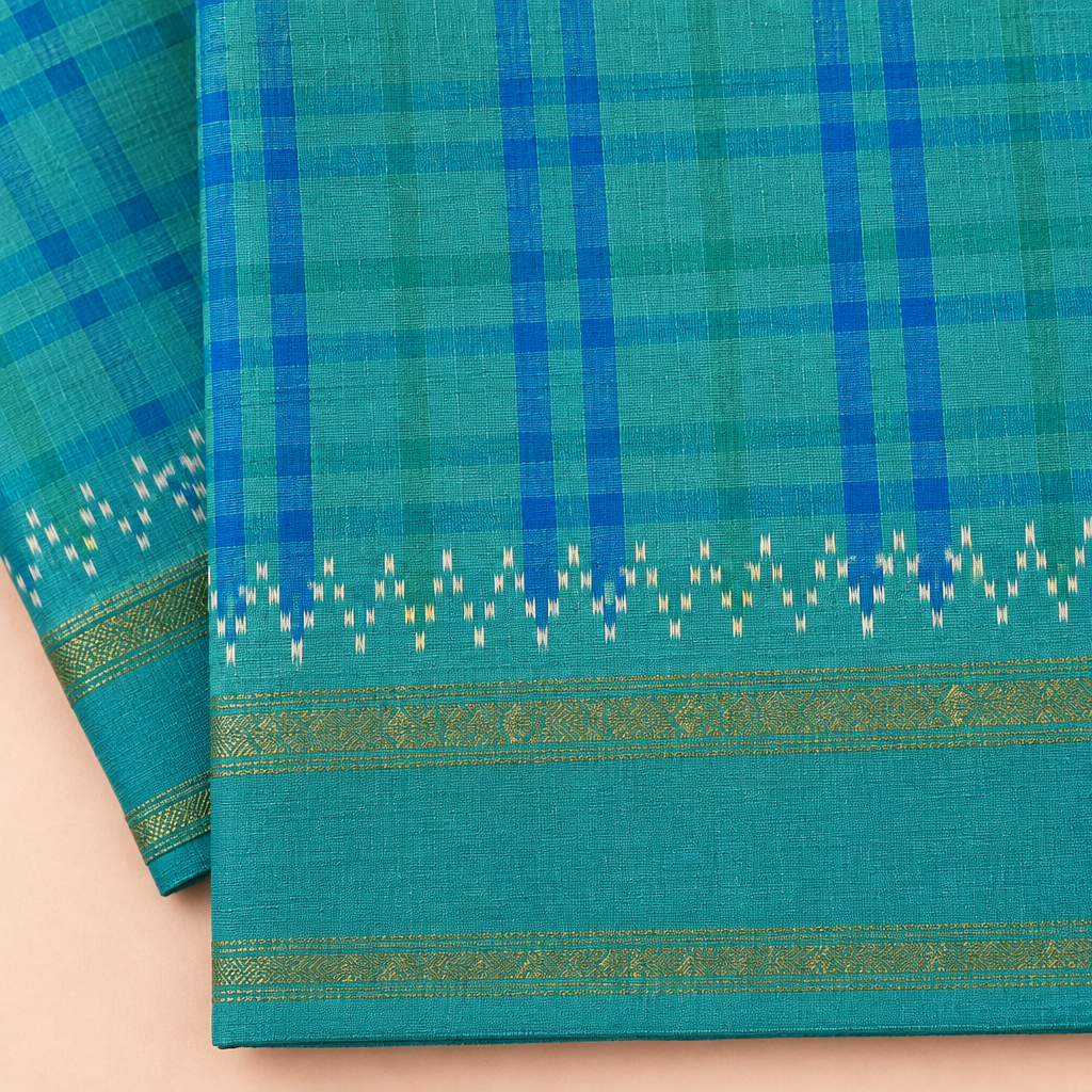 Close-up of blue checks Pochampally silk saree with Ikat pattern and zari border