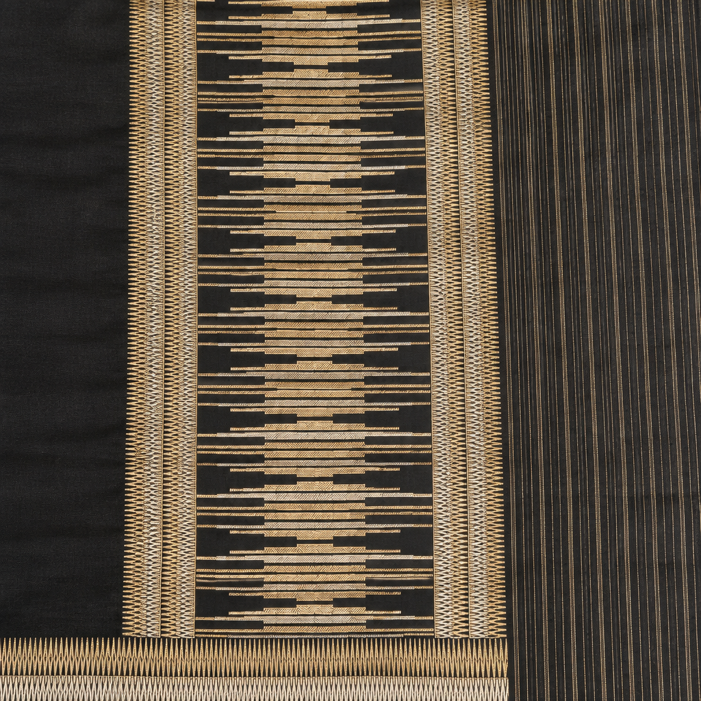Detail view of black and gold-toned geometric pallu and striped edge