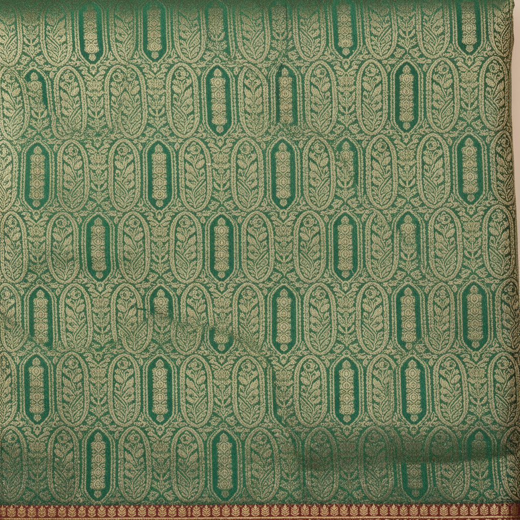 Close-up of green semi-silk saree with repeating gold zari motifs
