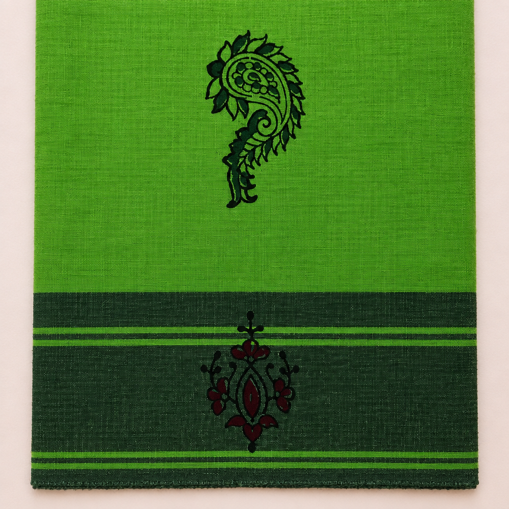 Close-up of bottle green striped border with floral motif on green cotton saree