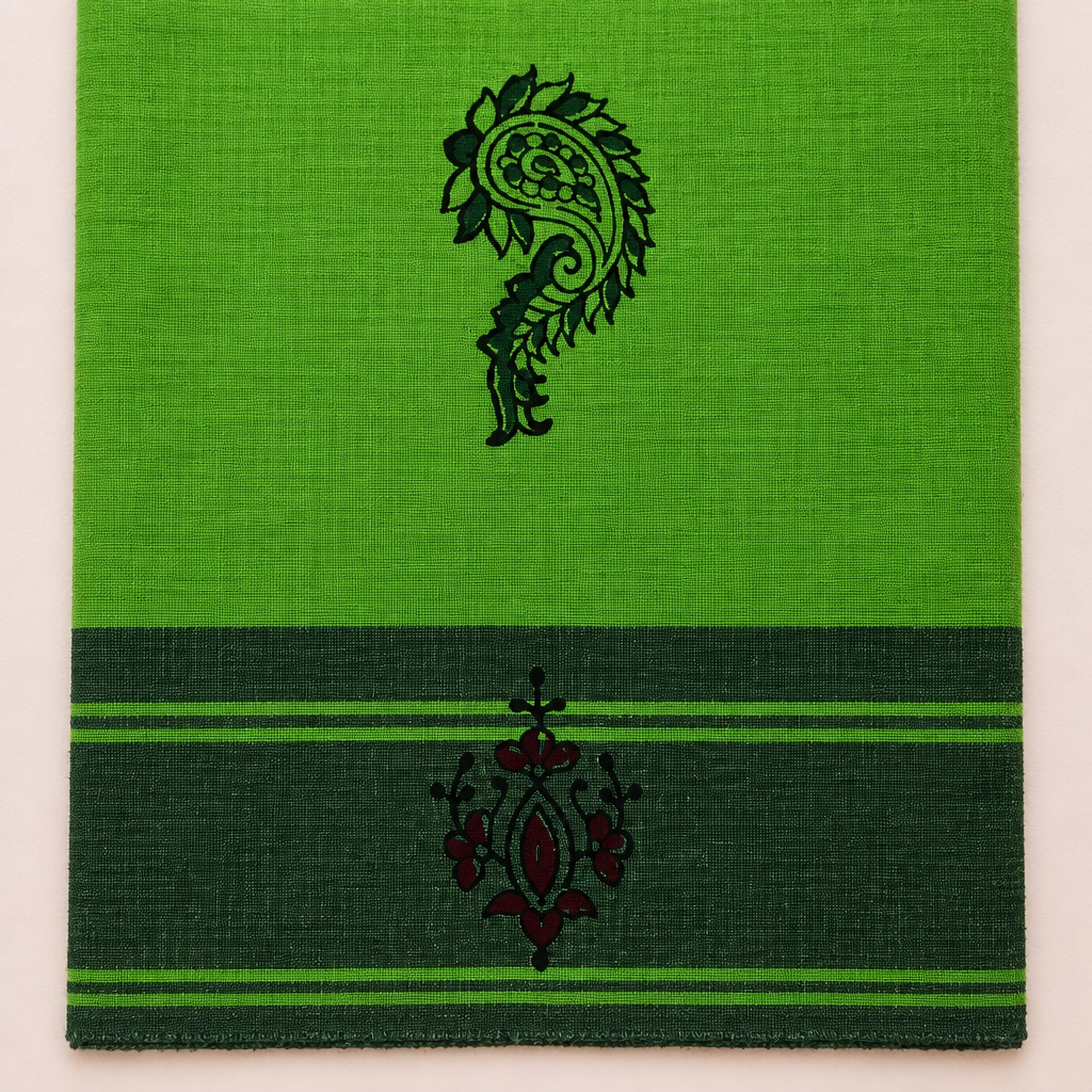 Close-up of bottle green striped border with floral motif on green cotton saree