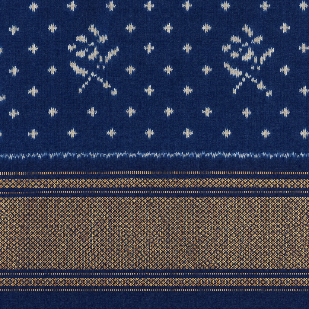 Close-up of gold zari mesh border on navy blue Pochampally silk saree