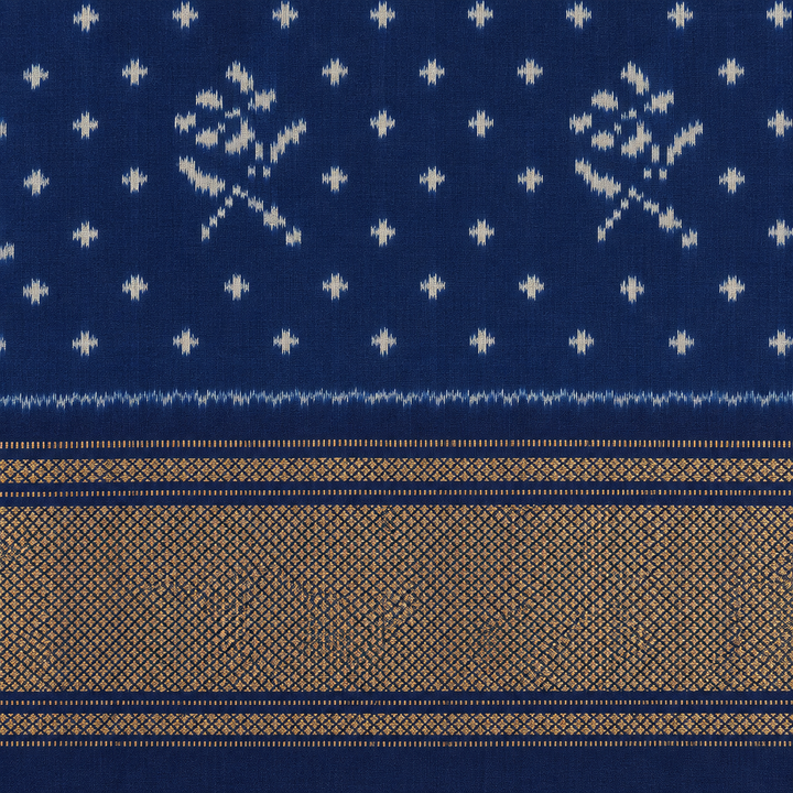 Close-up of gold zari mesh border on navy blue Pochampally silk saree