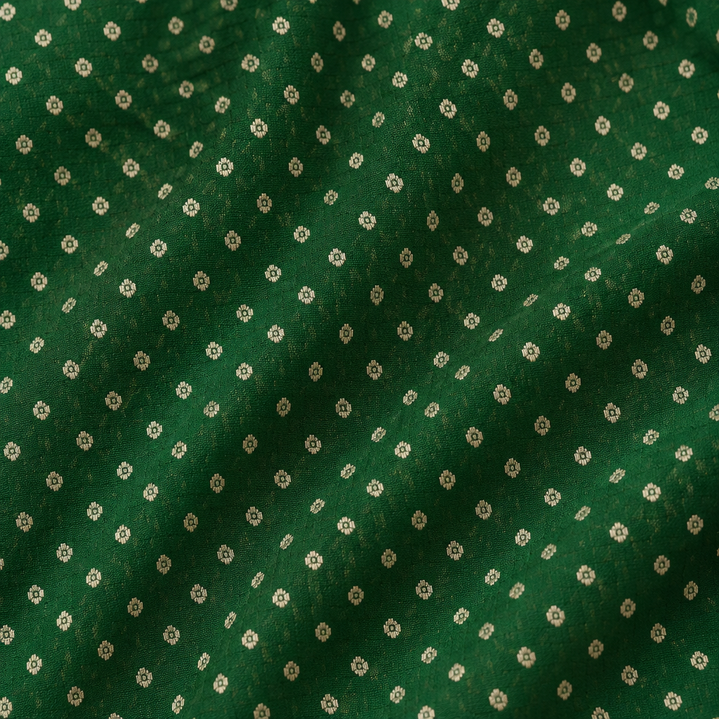 Close-up of the green Banaras georgette saree body with fine white dotted butti motifs