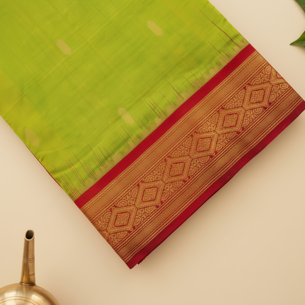 Red contrast zari border on a parrot-green 9-yard pure silk saree close-up