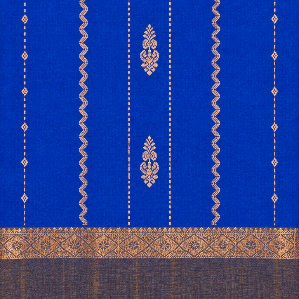 Close-up of blue pure silk saree body with gold floral motifs and wave-like zari details