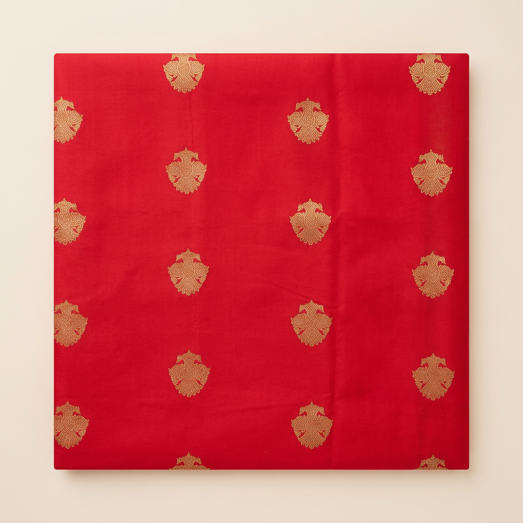 Close-up of the red saree body with scattered gold butta motifs