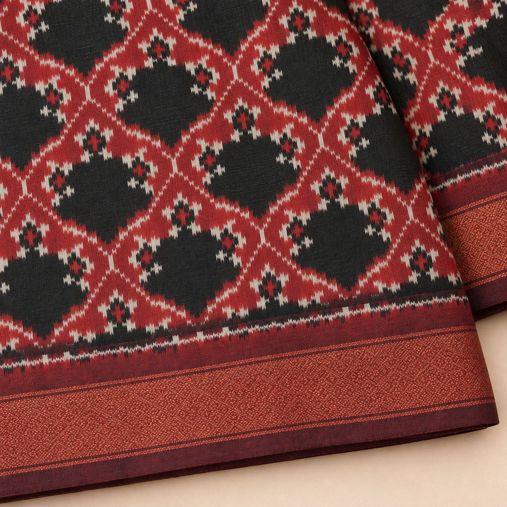 Close-up of black and red Pochampally silk saree with Ikat checks and zari border