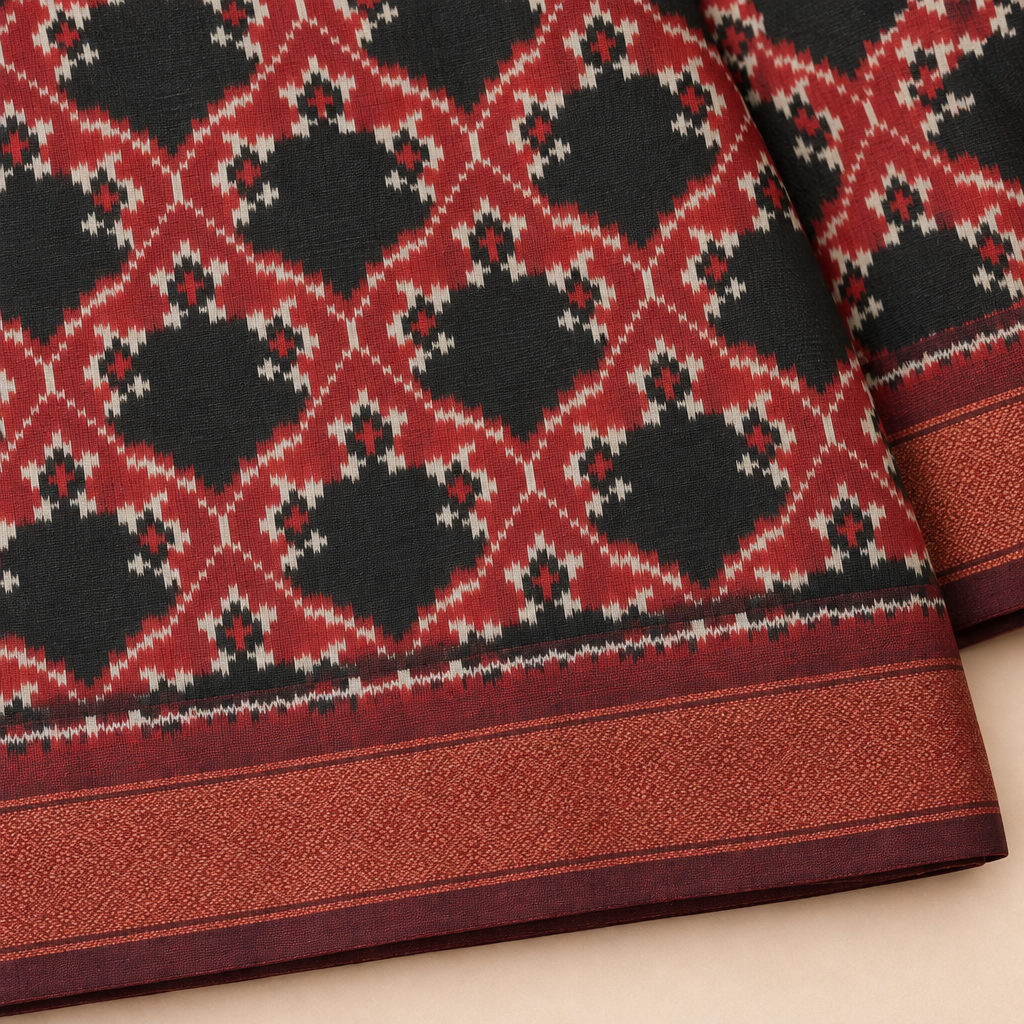 Close-up of black and red Pochampally silk saree with Ikat checks and zari border
