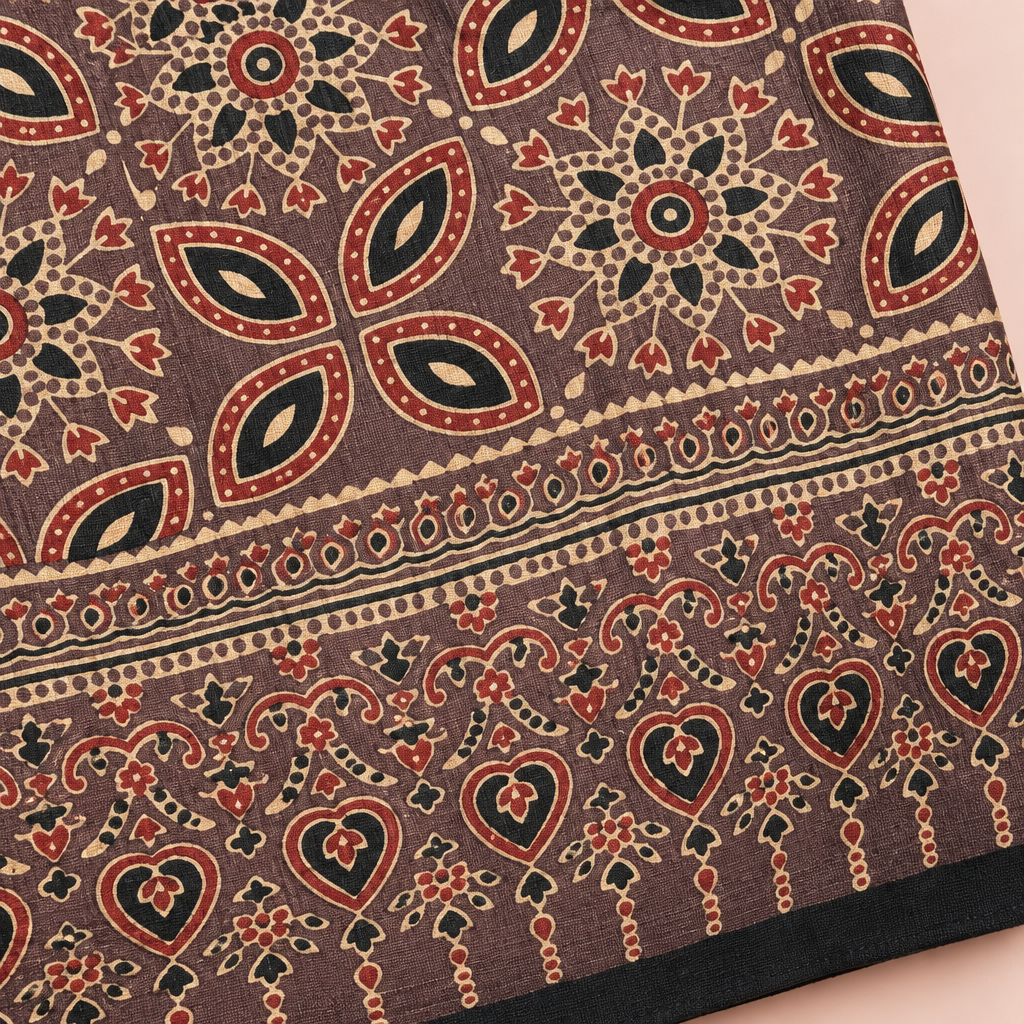 Close-up of pale brown Ajrakh saree floral motifs and decorative border