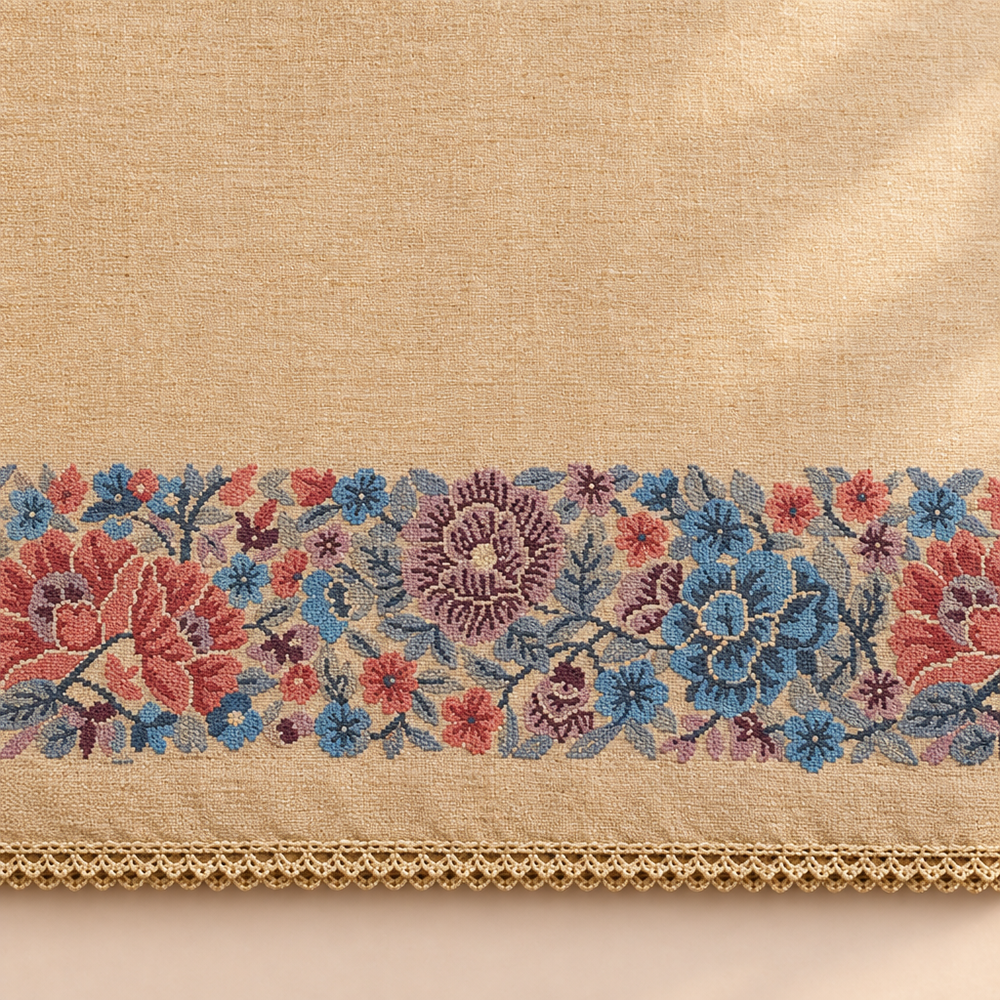 Close-up of the beige saree's multicolor floral scroll border in pink and blue with cream trim
