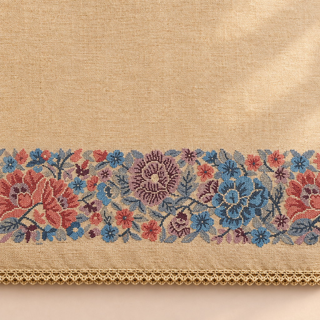 Close-up of the beige saree's multicolor floral scroll border in pink and blue with cream trim