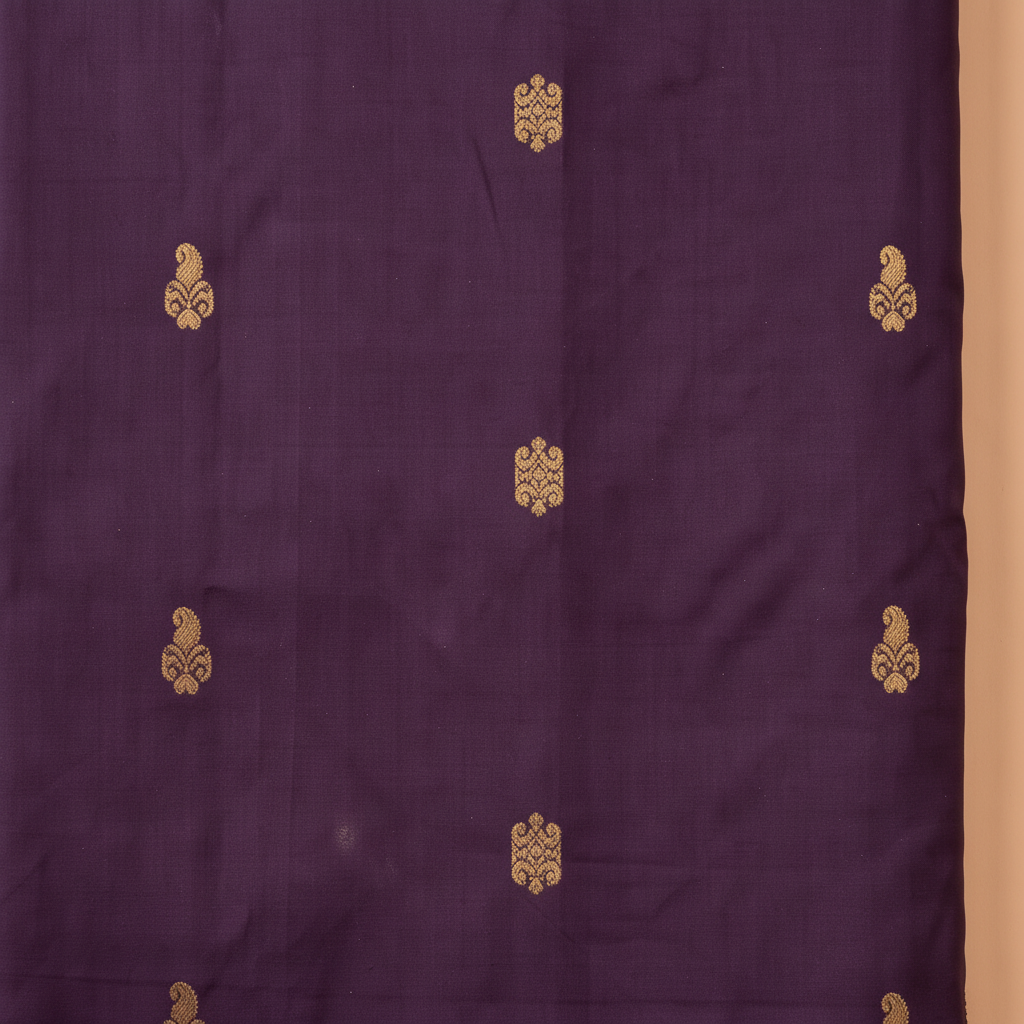 Deep purple pure silk saree body with gold zari motifs close-up