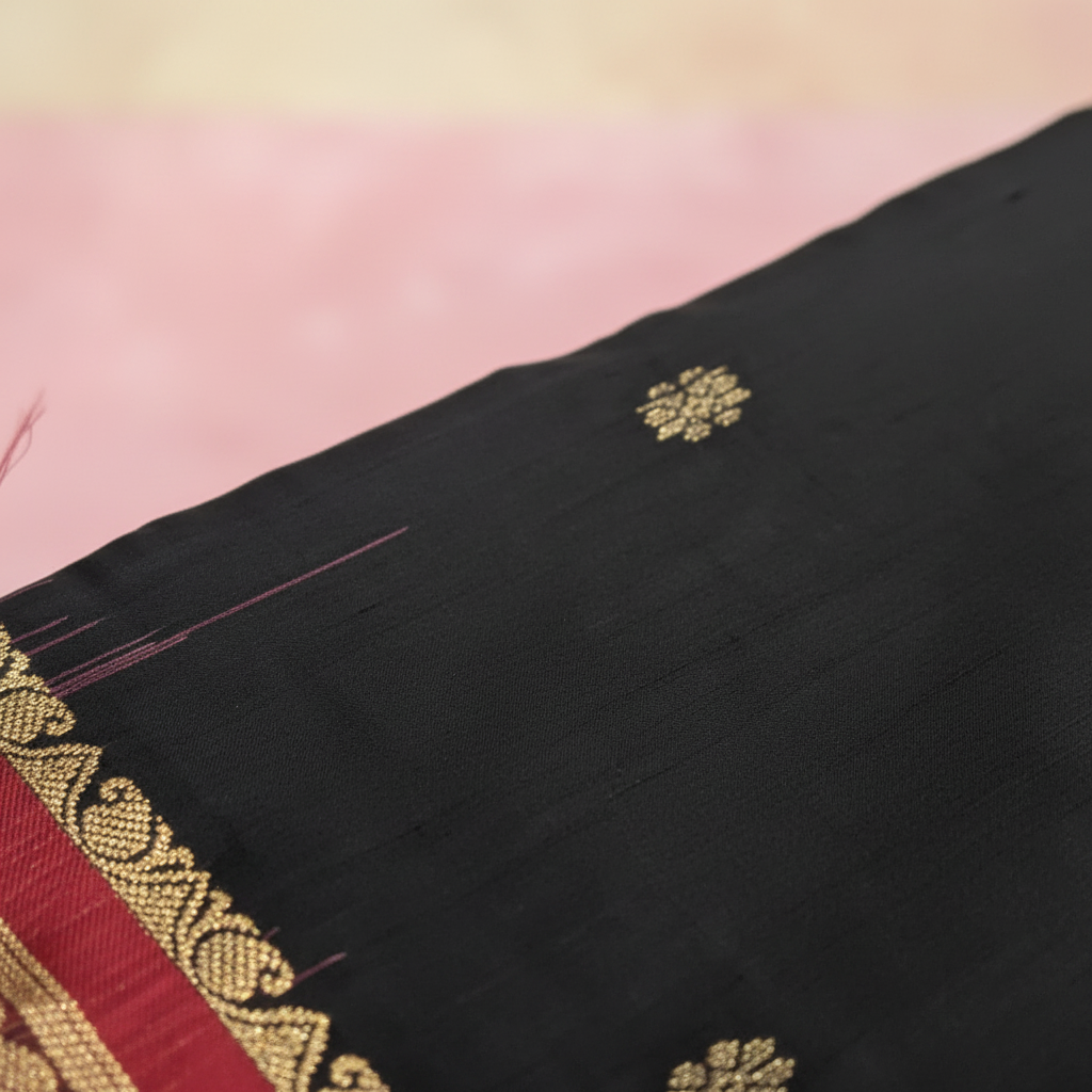 Close-up of gold zari butta motifs on black pure silk Kanchipuram saree body