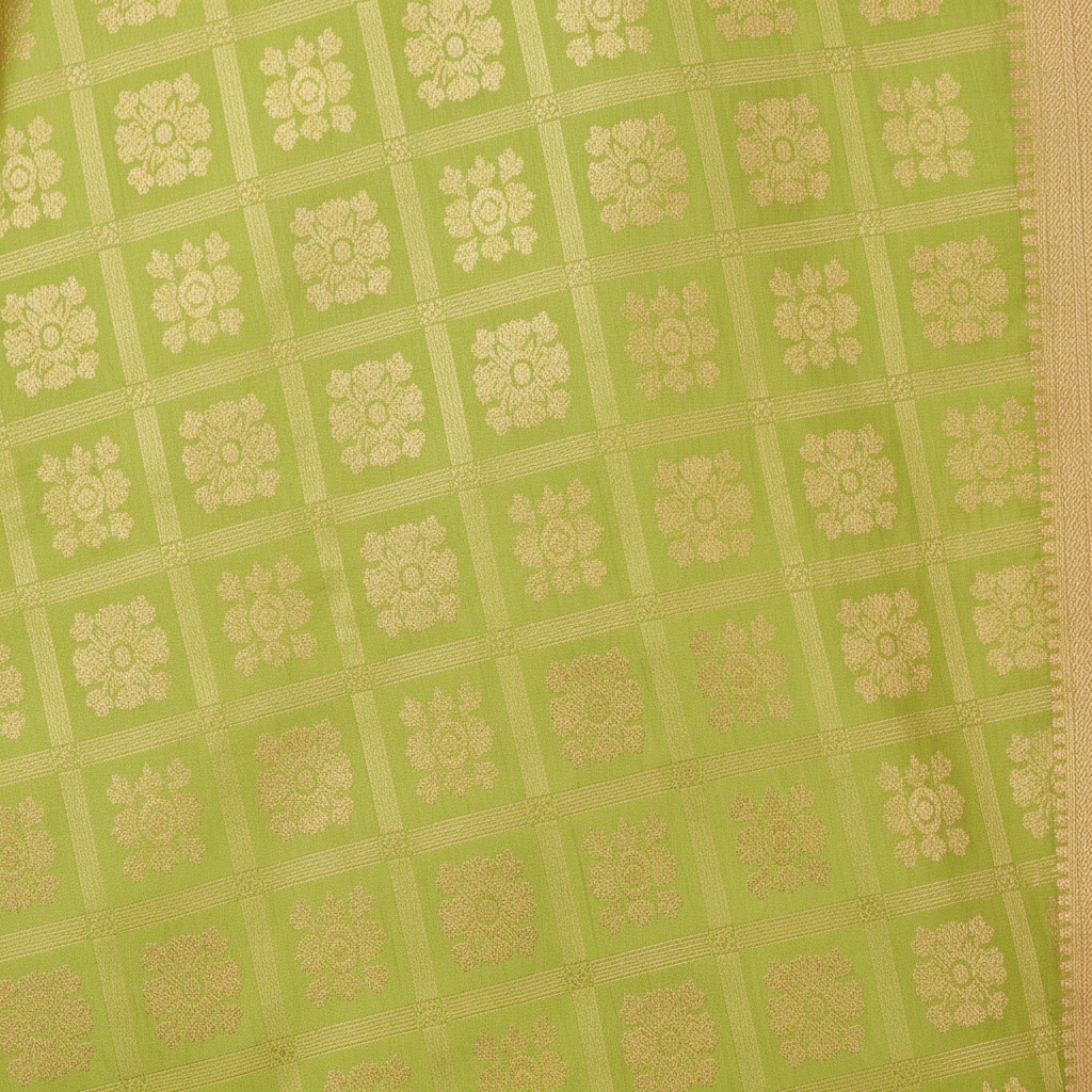 Close-up of lime green silk saree body with gold zari floral brocade squares