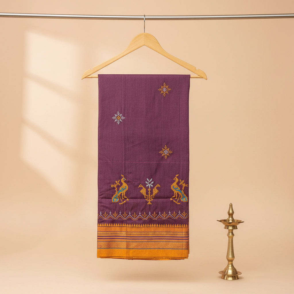 Dusty plum cotton Kasuti saree with peacock embroidery and a mustard-orange striped border, hung on a wooden hanger against a pastel background with a brass lamp
