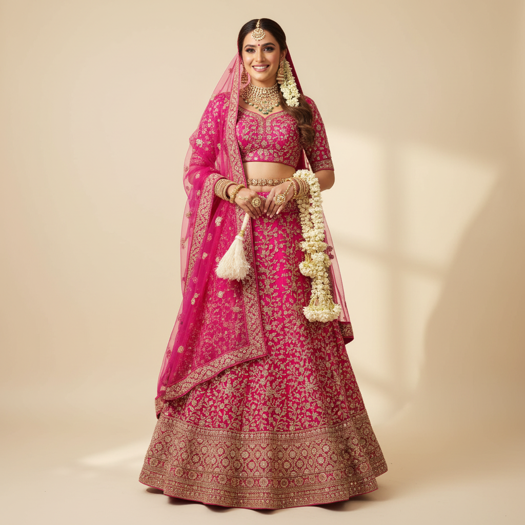 Hot Pink Zari Embroidered Bridal Lehenga - Hand Fan