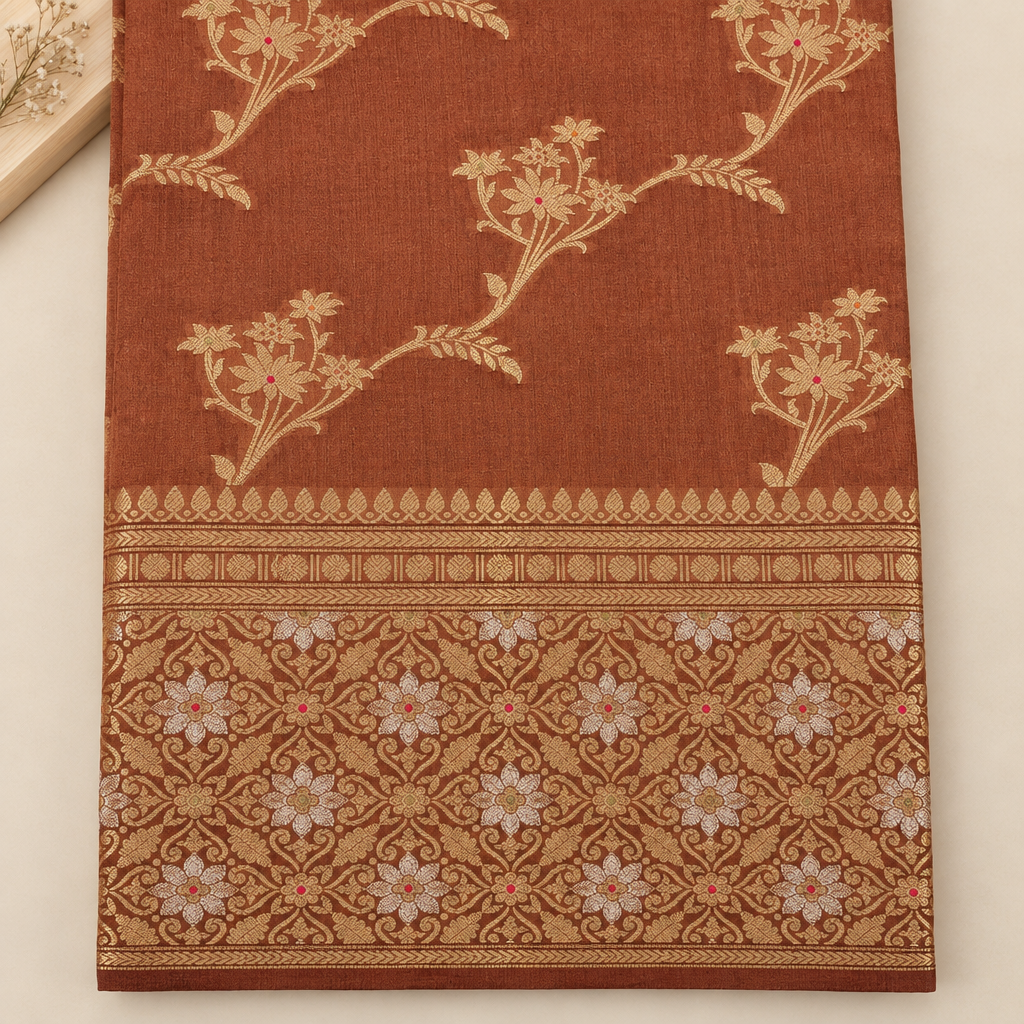 Close-up of ornate gold border on brown saree